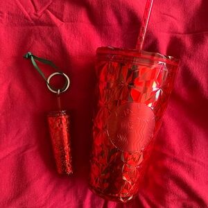 Matching Starbucks grande cup and keychain, never used, Red